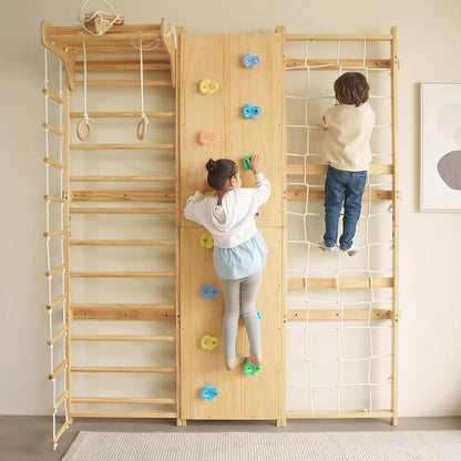 Walnut 9-In-1 Swedish Ladder Wall Gym Kids, Indoor Climbing Wall | 2 Heights: 78.8" or 94.5" Montessori Indoor Playground & Jungle Gym, Rock Climbing Wall for Kids, Rope Ladder, Slide, Swing