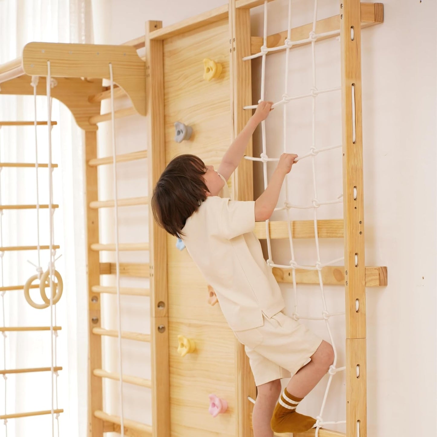 Walnut Modular 9-In-1 Swedish Ladder Wall Gym, Kids Climbing Wall | 94.5-Inch Modular Indoor Playground & Jungle Gym: Rock Climbing Wall for Kids, Monkey Bars, Slide, Swing, Rope Net