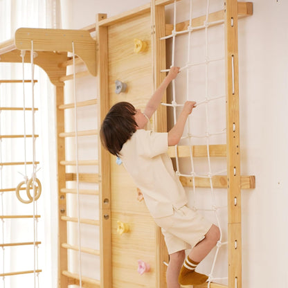 Walnut Modular 9-In-1 Swedish Ladder Wall Gym, Kids Climbing Wall | 94.5-Inch Modular Indoor Playground & Jungle Gym: Rock Climbing Wall for Kids, Monkey Bars, Slide, Swing, Rope Net