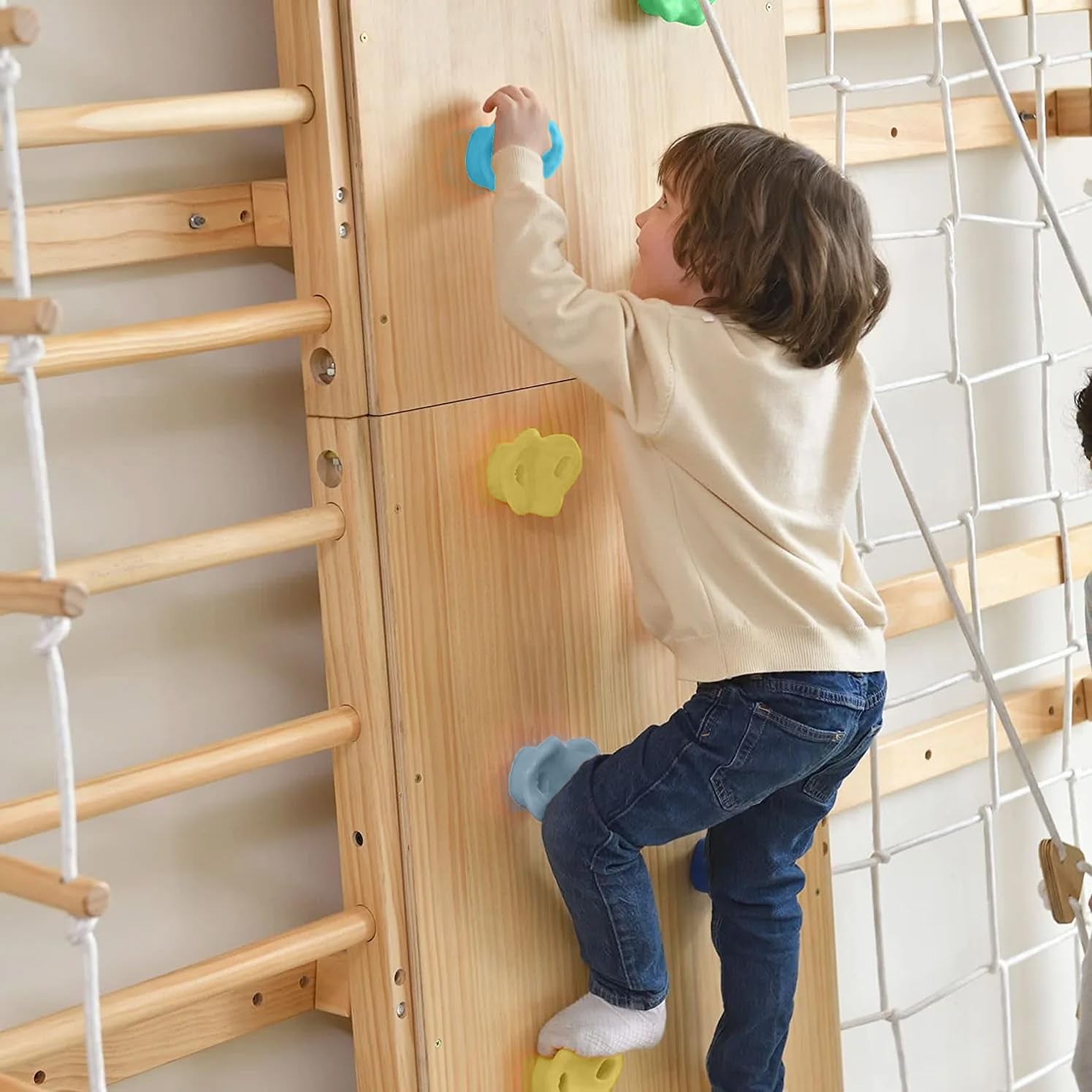 Walnut 9-In-1 Swedish Ladder Wall Gym Kids, Indoor Climbing Wall | 2 Heights: 78.8" or 94.5" Montessori Indoor Playground & Jungle Gym, Rock Climbing Wall for Kids, Rope Ladder, Slide, Swing