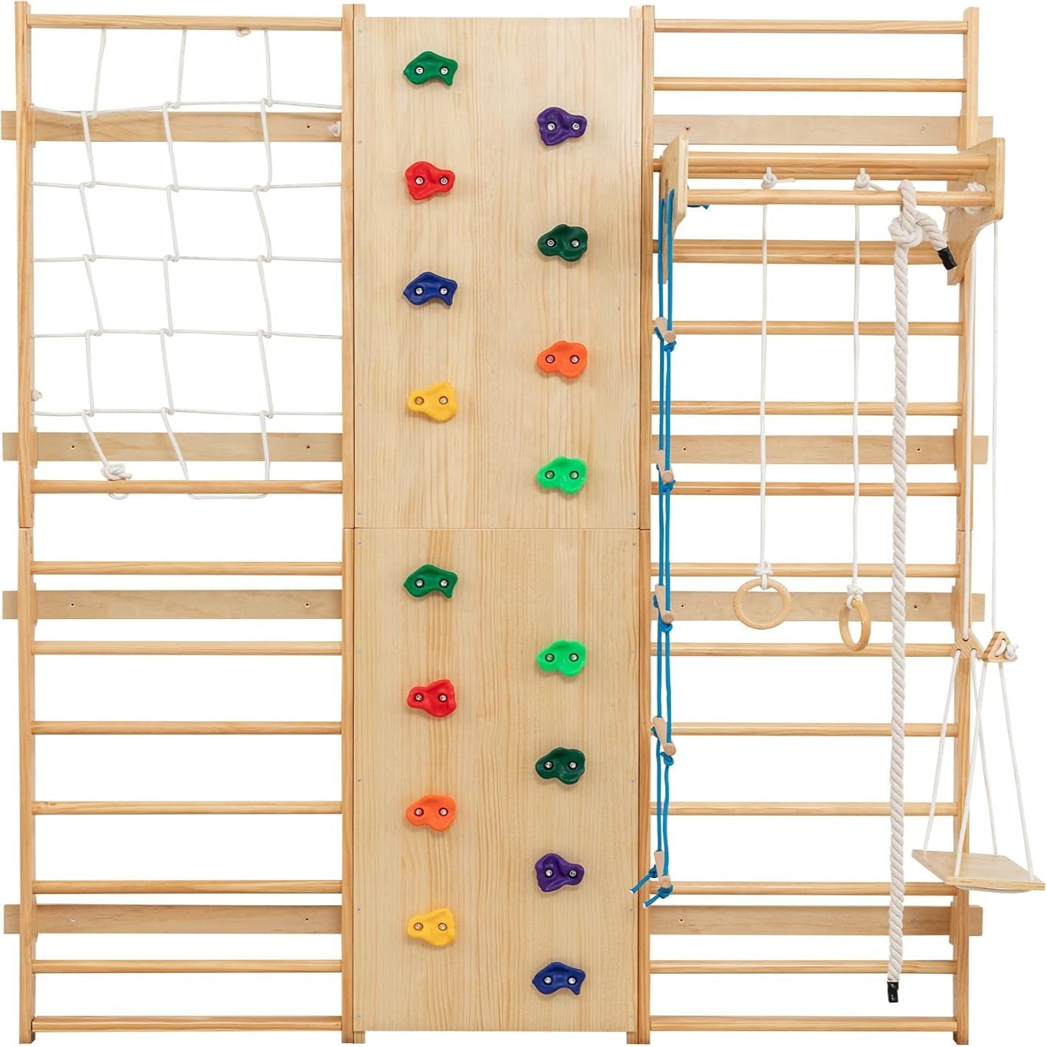 10-In-1 Indoor & Outdoor Wooden Playset for Kids, All-In-One Climbing Playground with Slide, Monkey Bars, Swing, Rock Wall, Climbing Net, Rings & Ladder –Sturdy Backyard Adventure Set for Active Play