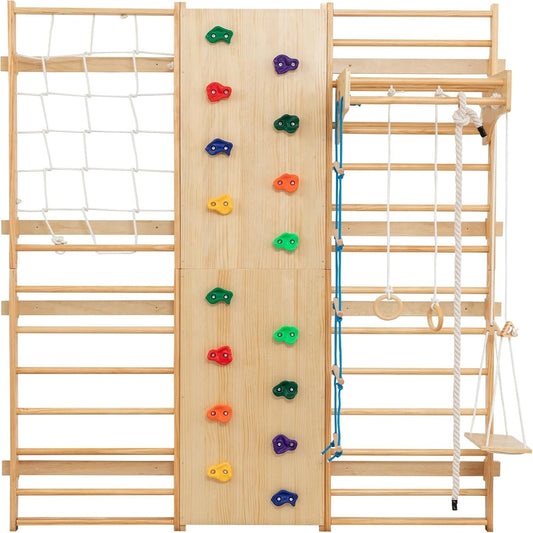 10-In-1 Indoor & Outdoor Wooden Playset for Kids, All-In-One Climbing Playground with Slide, Monkey Bars, Swing, Rock Wall, Climbing Net, Rings & Ladder –Sturdy Backyard Adventure Set for Active Play