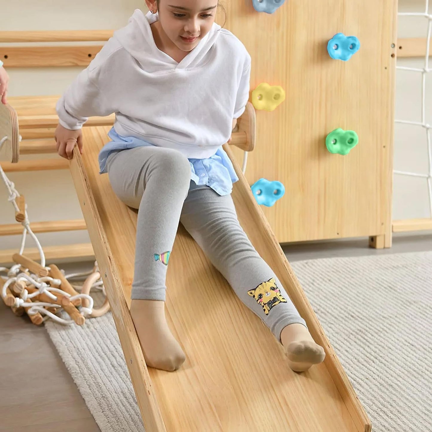 Walnut 9-In-1 Swedish Ladder Wall Gym Kids, Indoor Climbing Wall | 2 Heights: 78.8" or 94.5" Montessori Indoor Playground & Jungle Gym, Rock Climbing Wall for Kids, Rope Ladder, Slide, Swing