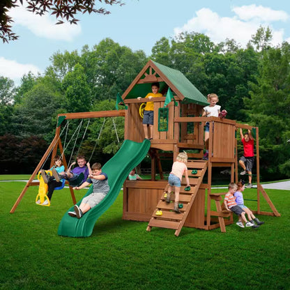 DIY Knightsbridge plus Wooden Outdoor Playground Set with Slide, Rock Wall, Swing Set, and Backyard Playground Equipment