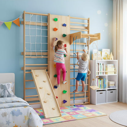 10-In-1 Indoor & Outdoor Wooden Playset for Kids, All-In-One Climbing Playground with Slide, Monkey Bars, Swing, Rock Wall, Climbing Net, Rings & Ladder –Sturdy Backyard Adventure Set for Active Play