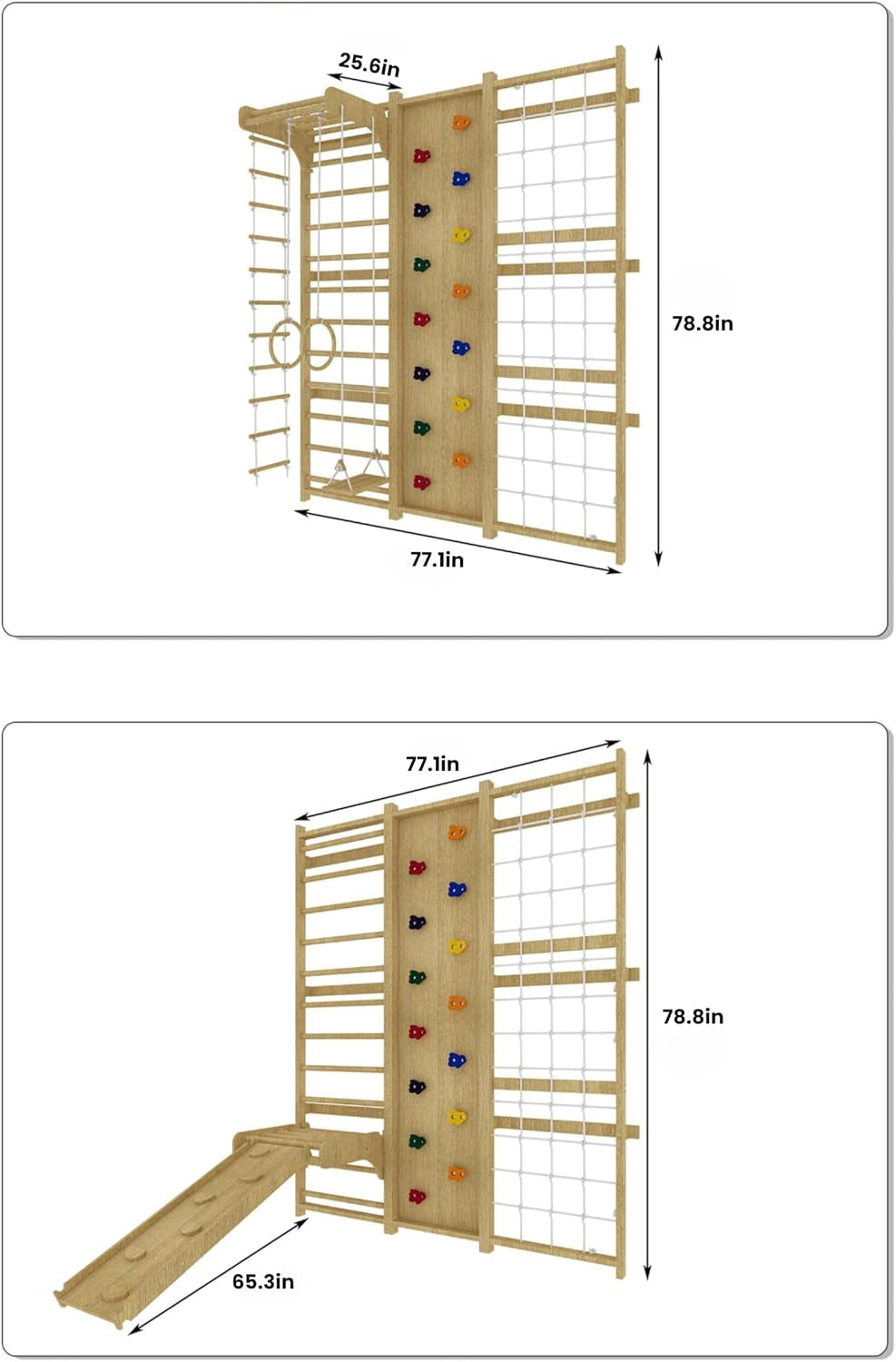 Walnut 9-In-1 Swedish Ladder Wall Gym Kids, Indoor Climbing Wall | 2 Heights: 78.8" or 94.5" Montessori Indoor Playground & Jungle Gym, Rock Climbing Wall for Kids, Rope Ladder, Slide, Swing