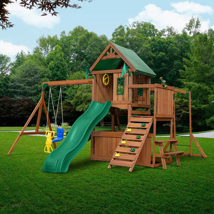 DIY Knightsbridge plus Wooden Outdoor Playground Set with Slide, Rock Wall, Swing Set, and Backyard Playground Equipment