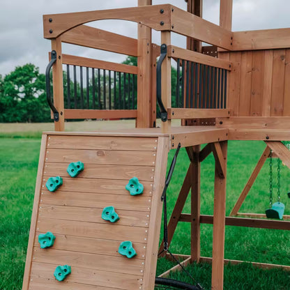Sterling Point Outdoor Playground Set W/ Elevated Clubhouse, Balcony, Web Swing, Swing Set, and Green Wave Slide