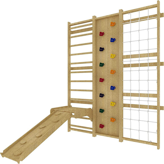 Walnut 9-In-1 Swedish Ladder Wall Gym Kids, Indoor Climbing Wall | 2 Heights: 78.8" or 94.5" Montessori Indoor Playground & Jungle Gym, Rock Climbing Wall for Kids, Rope Ladder, Slide, Swing