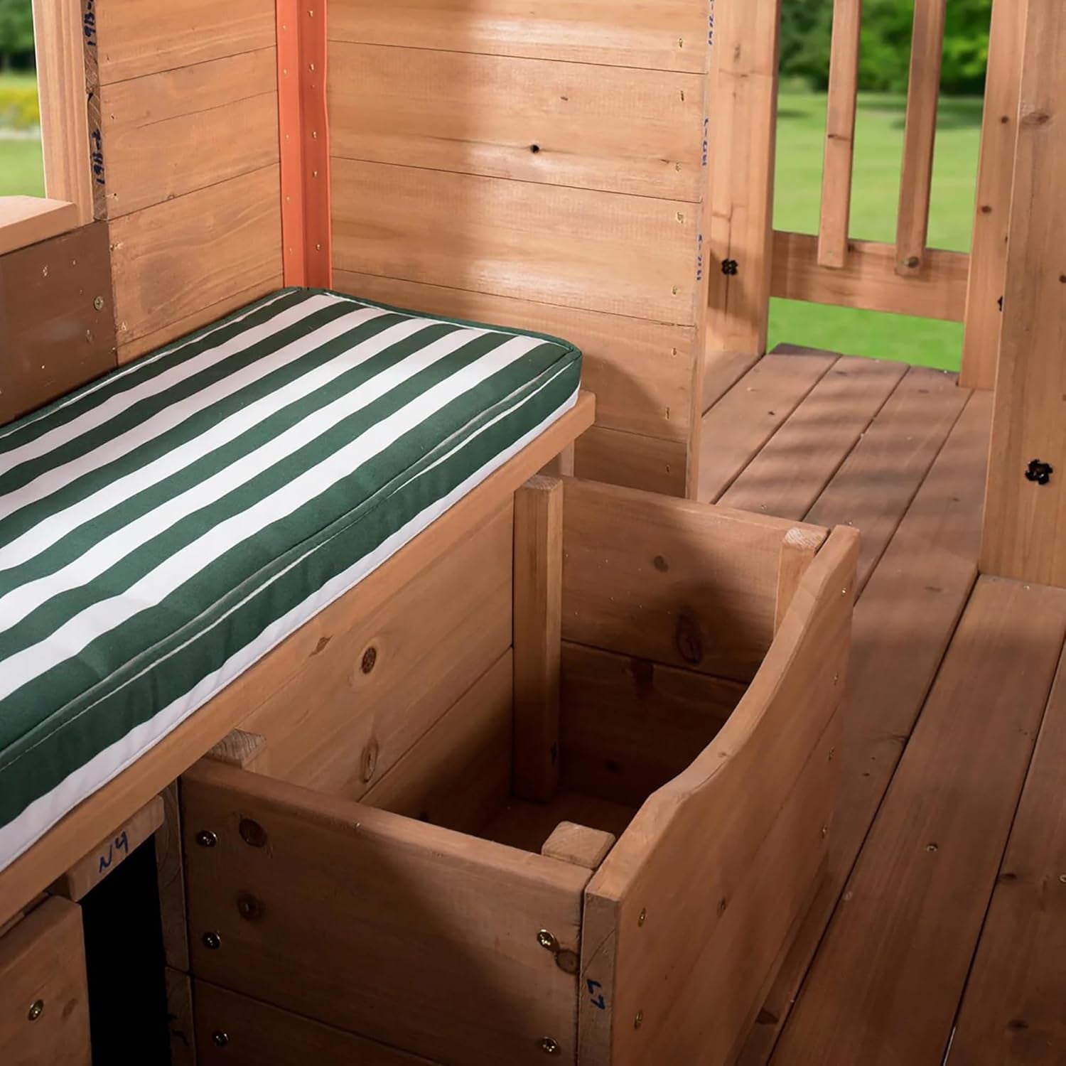 Backyard Discovery Scenic Heights Elevated Cedar Wooden Kids Playhouse with Play Kitchen, Wrap-Around Deck, Toy Storage Bench, Saloon-Style Doors, Ladder, Stairs, and Growth Chart for Outdoor Play