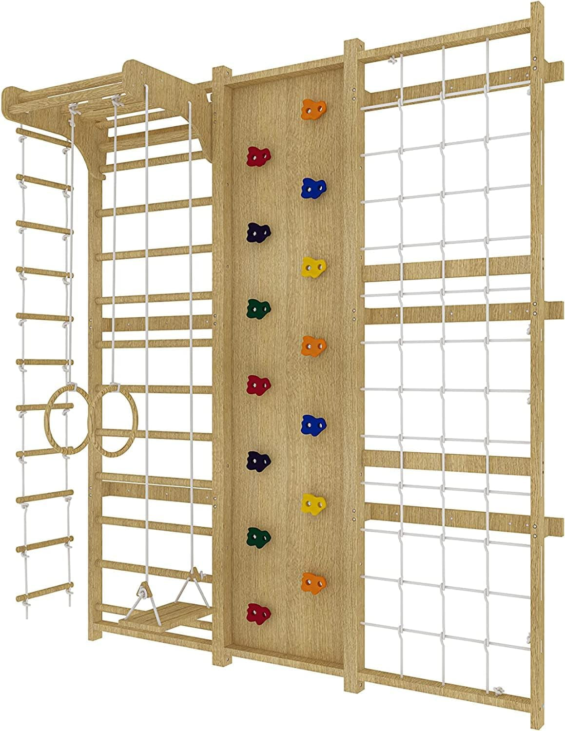 Walnut 9-In-1 Swedish Ladder Wall Gym Kids, Indoor Climbing Wall | 2 Heights: 78.8" or 94.5" Montessori Indoor Playground & Jungle Gym, Rock Climbing Wall for Kids, Rope Ladder, Slide, Swing