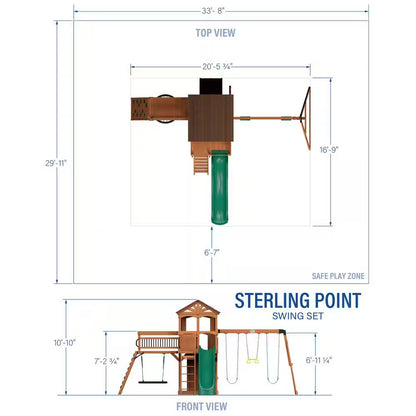 Sterling Point Outdoor Playground Set W/ Elevated Clubhouse, Balcony, Web Swing, Swing Set, and Green Wave Slide