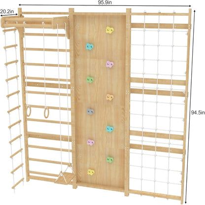 Walnut Modular 9-In-1 Swedish Ladder Wall Gym, Kids Climbing Wall | 94.5-Inch Modular Indoor Playground & Jungle Gym: Rock Climbing Wall for Kids, Monkey Bars, Slide, Swing, Rope Net