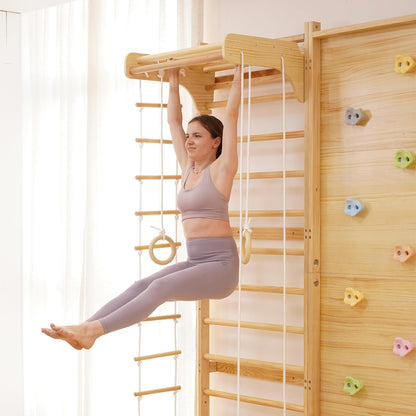 Walnut Modular 9-In-1 Swedish Ladder Wall Gym, Kids Climbing Wall | 94.5-Inch Modular Indoor Playground & Jungle Gym: Rock Climbing Wall for Kids, Monkey Bars, Slide, Swing, Rope Net