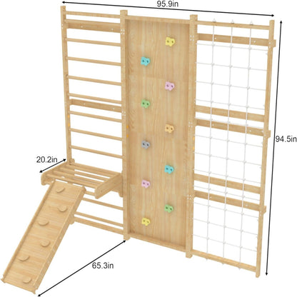 Walnut Modular 9-In-1 Swedish Ladder Wall Gym, Kids Climbing Wall | 94.5-Inch Modular Indoor Playground & Jungle Gym: Rock Climbing Wall for Kids, Monkey Bars, Slide, Swing, Rope Net