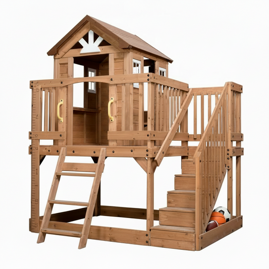 Scenic Heights Elevated Cedar Wooden Kids Playhouse with Play Kitchen, Wrap-Around Deck, Toy Storage Bench, Saloon-Style Doors, Ladder, Stairs, and Growth Chart for Outdoor Play