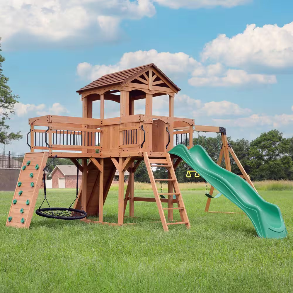 Sterling Point Outdoor Playground Set W/ Elevated Clubhouse, Balcony, Web Swing, Swing Set, and Green Wave Slide