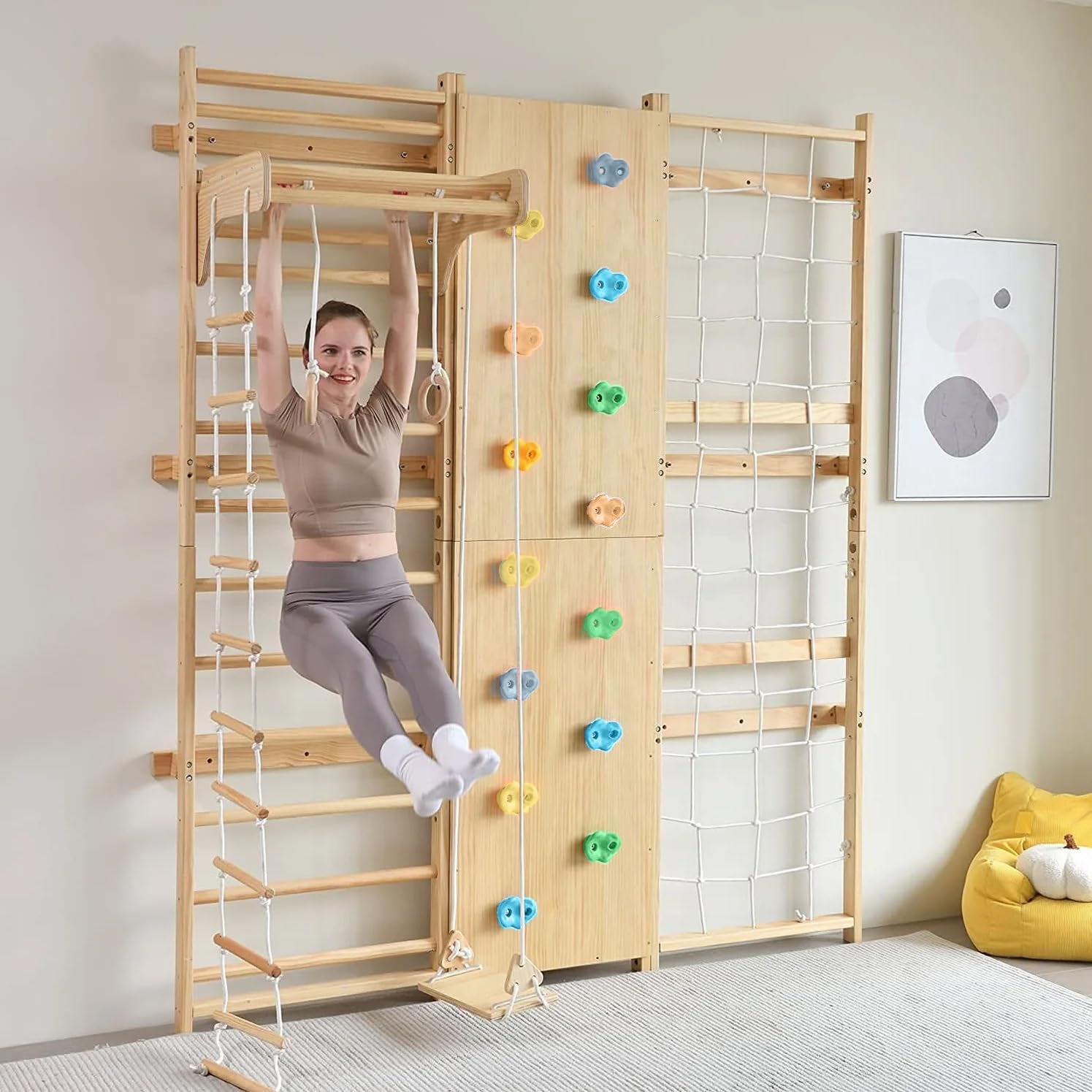 Walnut 9-In-1 Swedish Ladder Wall Gym Kids, Indoor Climbing Wall | 2 Heights: 78.8" or 94.5" Montessori Indoor Playground & Jungle Gym, Rock Climbing Wall for Kids, Rope Ladder, Slide, Swing