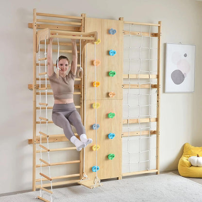 Walnut 9-In-1 Swedish Ladder Wall Gym Kids, Indoor Climbing Wall | 2 Heights: 78.8" or 94.5" Montessori Indoor Playground & Jungle Gym, Rock Climbing Wall for Kids, Rope Ladder, Slide, Swing