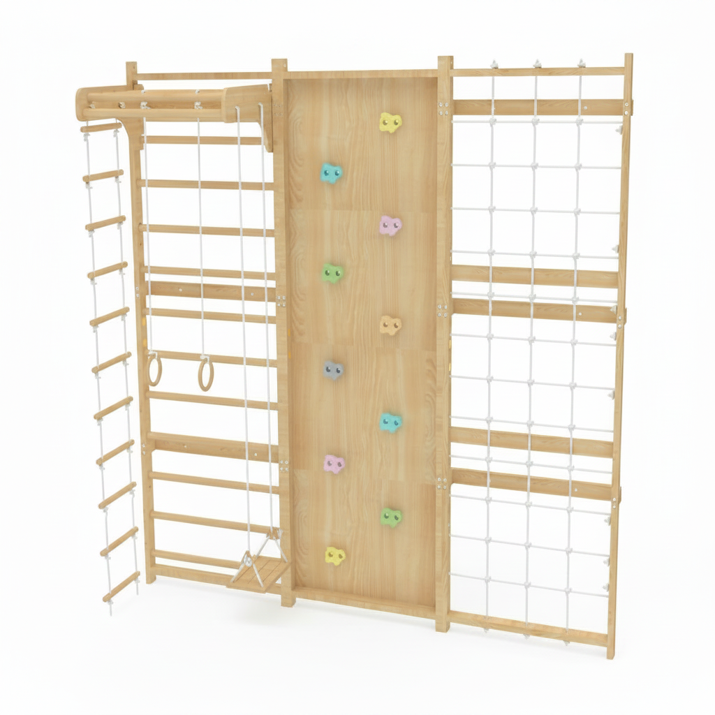 Walnut Modular 9-In-1 Swedish Ladder Wall Gym, Kids Climbing Wall | 94.5-Inch Modular Indoor Playground & Jungle Gym: Rock Climbing Wall for Kids, Monkey Bars, Slide, Swing, Rope Net