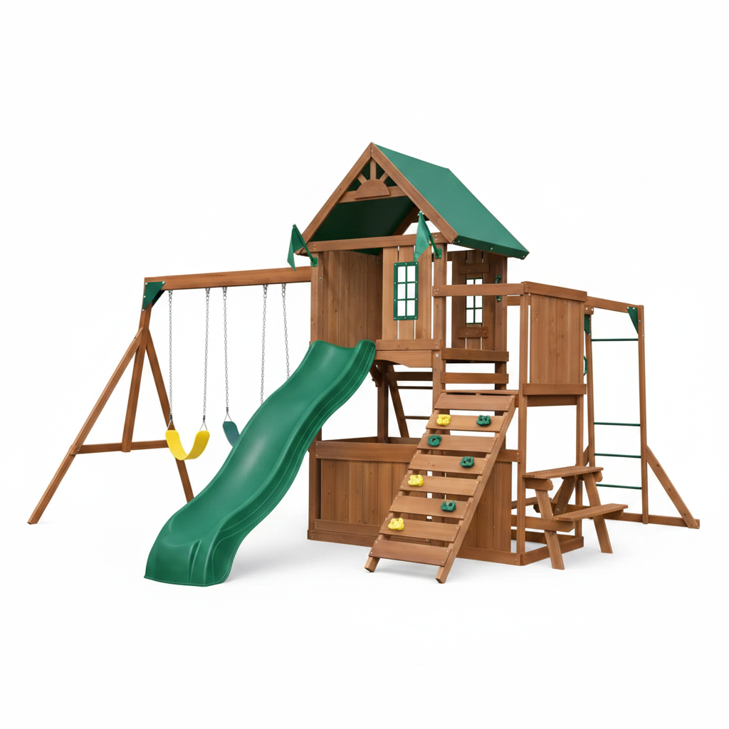 DIY Knightsbridge plus Wooden Outdoor Playground Set with Slide, Rock Wall, Swing Set, and Backyard Playground Equipment