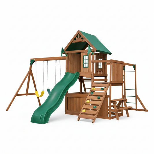 DIY Knightsbridge plus Wooden Outdoor Playground Set with Slide, Rock Wall, Swing Set, and Backyard Playground Equipment
